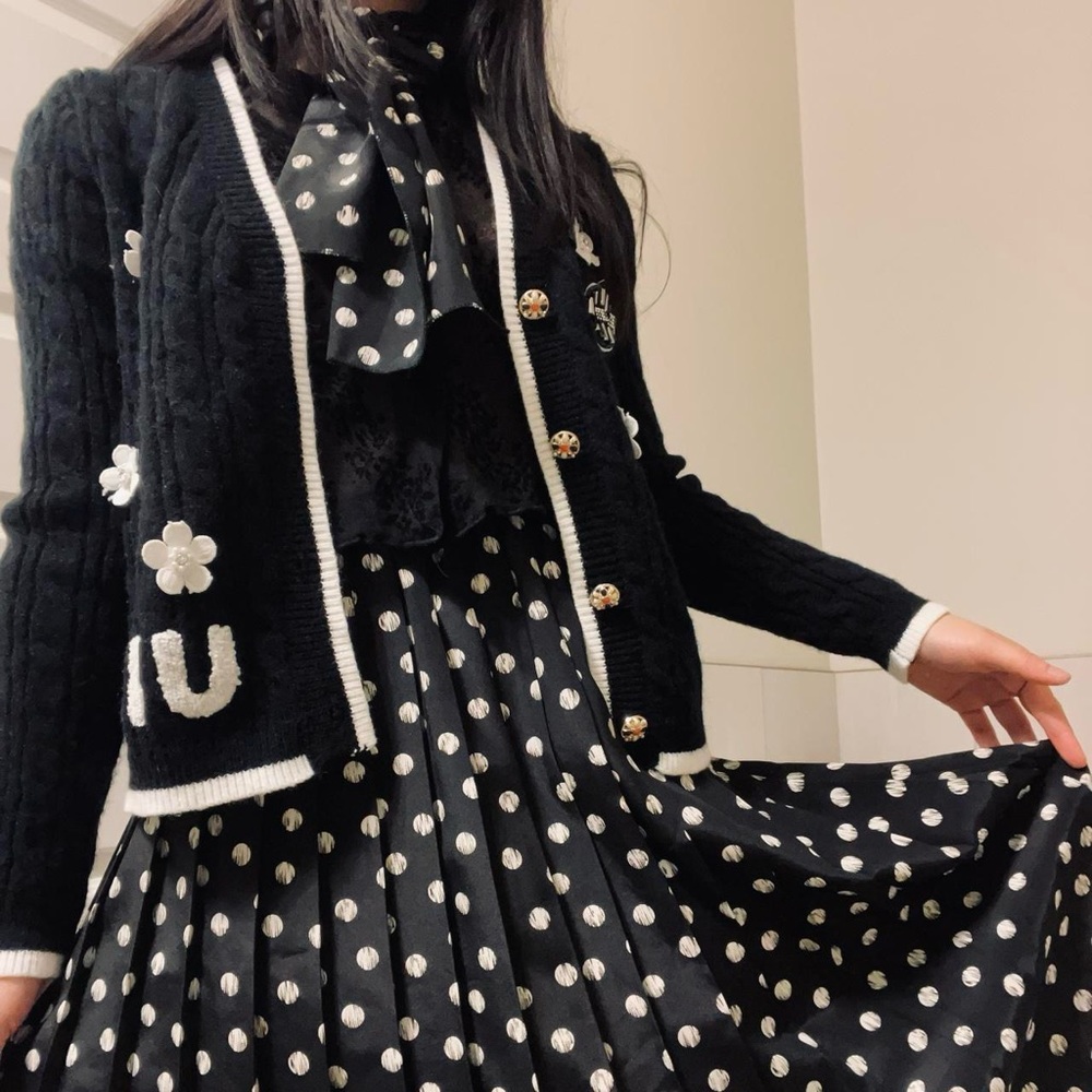 80s Leslie Fay petite pleated polka dot midi skirt with scarf